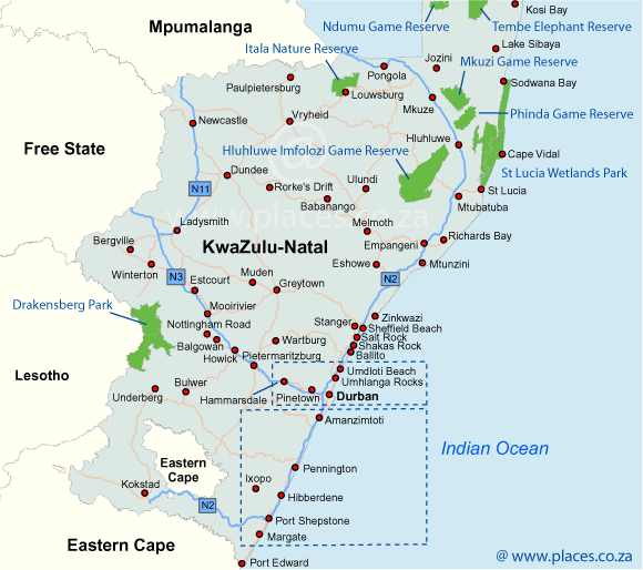 Accommodation And Overview Map Of KwaZulu Natal   Kwazulu Natal Map4 